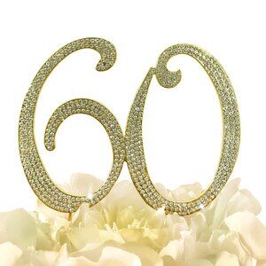 Rhinestone Cake Topper - Number 60 - Gold Metal with Czech Rhinestones